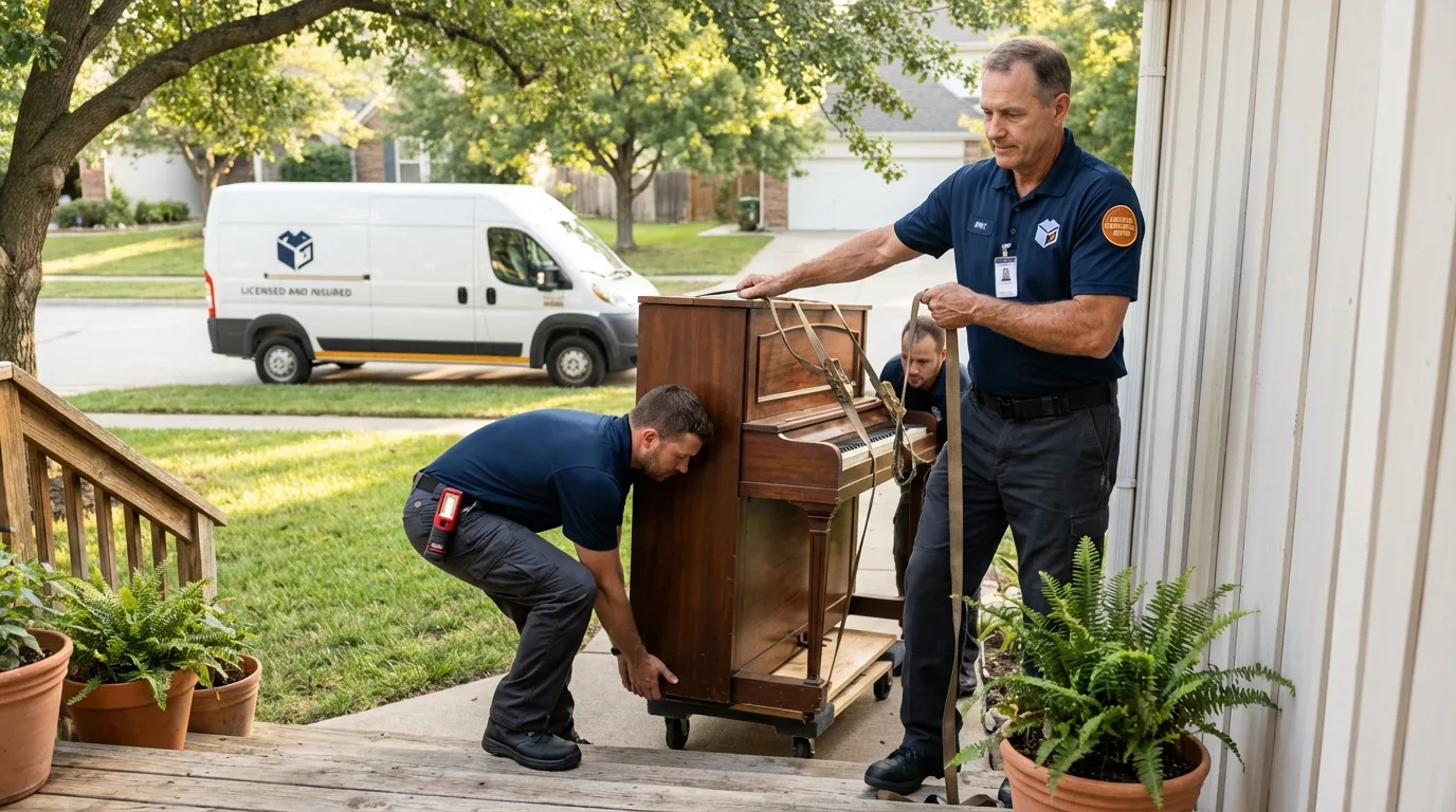 Licensed piano movers securing grand piano in Kingsley, MI