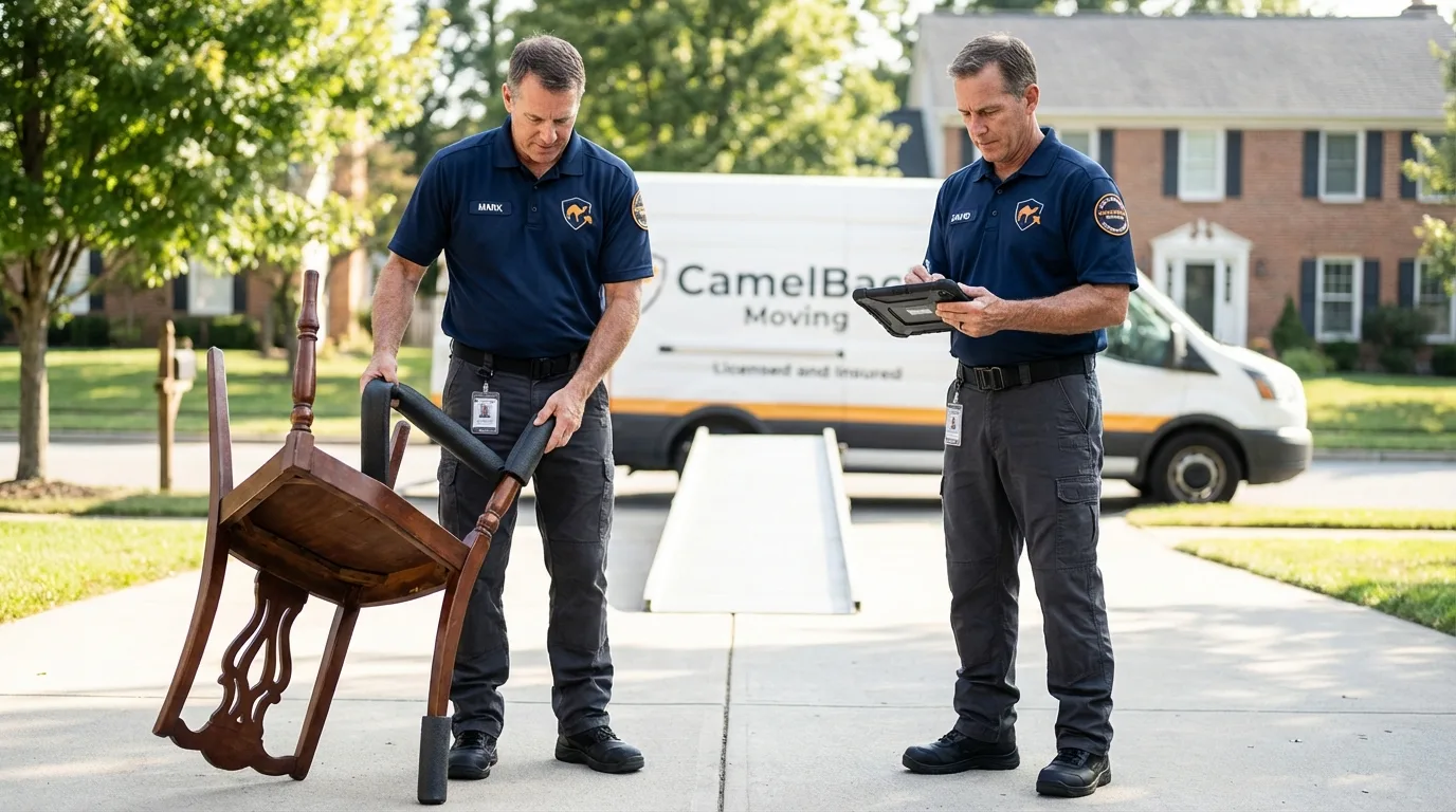 Movers inspecting furniture for damage prevention before loading in Kingsley, MI