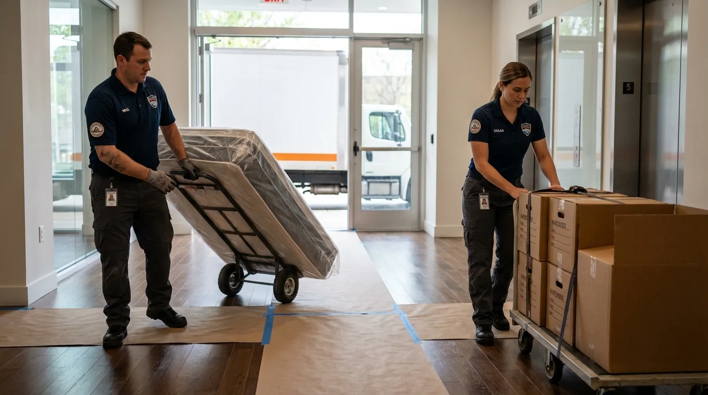 Professional apartment movers loading elevator in Kingsley, MI