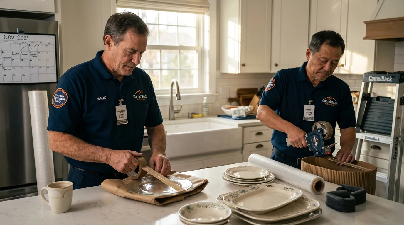 Professional crew packing kitchen dishware in Kingsley, MI